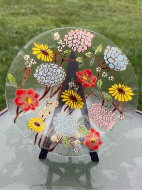 Vintage Hand painted Glass bowl/plate by Valerie Berchem of Northville MI